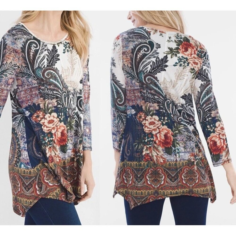 Chico’s Zenergy Size 3 Blue Paisley Asym Hem Tunic 3/4 Sleeve Stretch Knit Boho